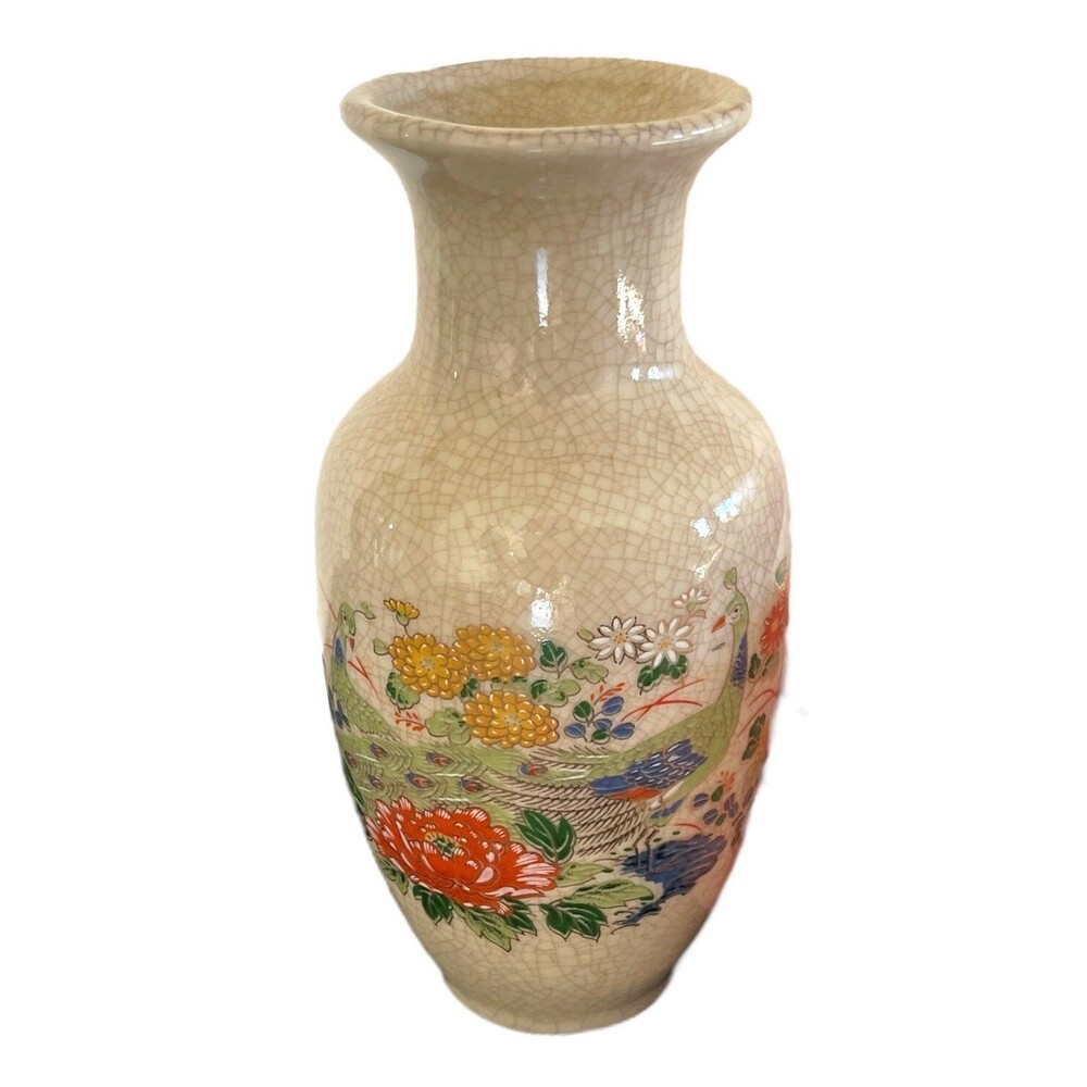 Vintage OMC Japanese porcelain vase With Peacock And Flower 3ʺW × 3ʺD × 6ʺH